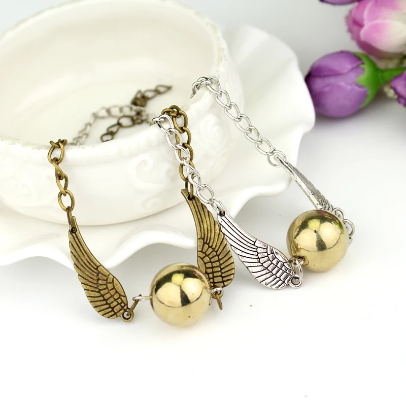 

Harri Potter Golden Snitch Bracelet Deathly Hallows Quidditch Ball Silver Antique Angel Wing Jewelry Gifts for Fans Accessories