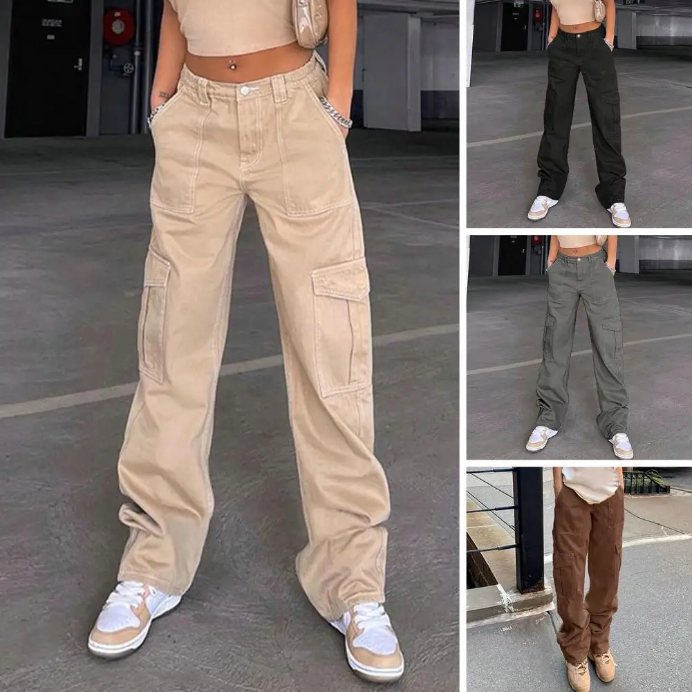 Women Solid Color Cargo Pants High Waist Straight-leg Buckle Jeans with Pockets Khaki Brown Baggy Casual Trousers