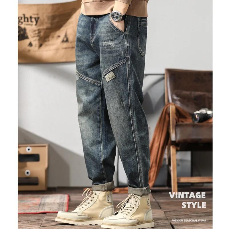 Streetwear Men 2022 New Pattern Vintage Splicing Recreational Blue Pants Straight Cylinder Comfortable Loose Jeans Autumn Female