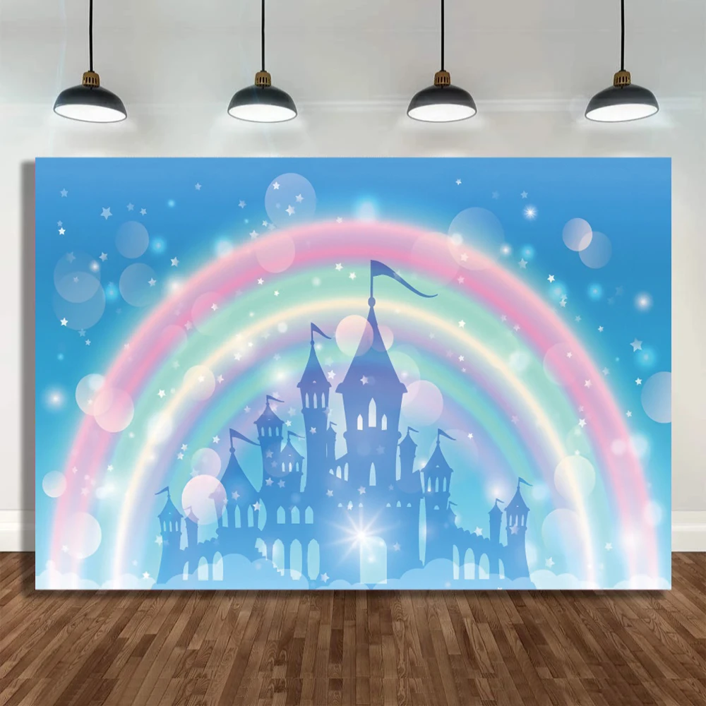 Фоны для фотосъемки детской вечеринки новорожденных на тему Замков Феи-сказки в радужном небе для девочек, декорирование стола для первого торта.