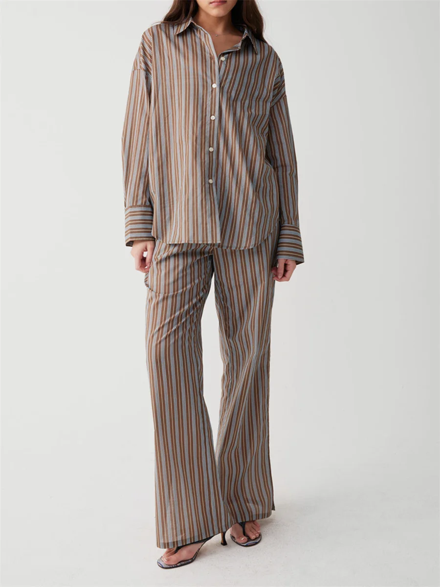 Женский костюм из двух предметов винтажная блузка и брюки в полоску рубашка с