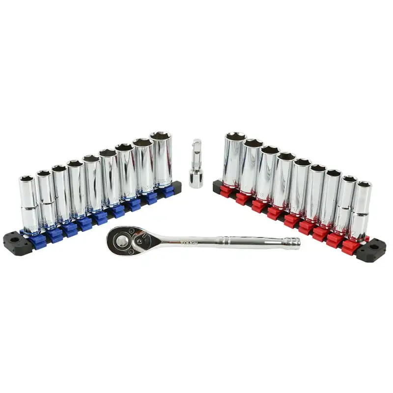 

22-Piece 1/2-inch Drive Ratchet and Deep Socket SAE and Metric Set Storage Box Outdoor Equipment Tool Case