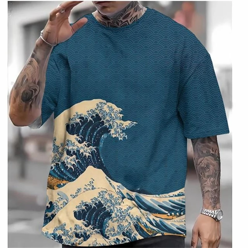 Фото Мужская футболка в японском стиле Ukiyo E Графическая одежда Футболки с короткими рукавами и круглым вырезом Уличная одежда Крутая футболка с 3D принтом Fuji №5