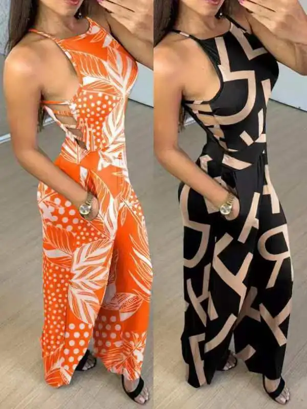 Women's Sexy Jumpsuit Women's 2023 New Printed Trapezoid Hollow One-piece Wide-legged Pants