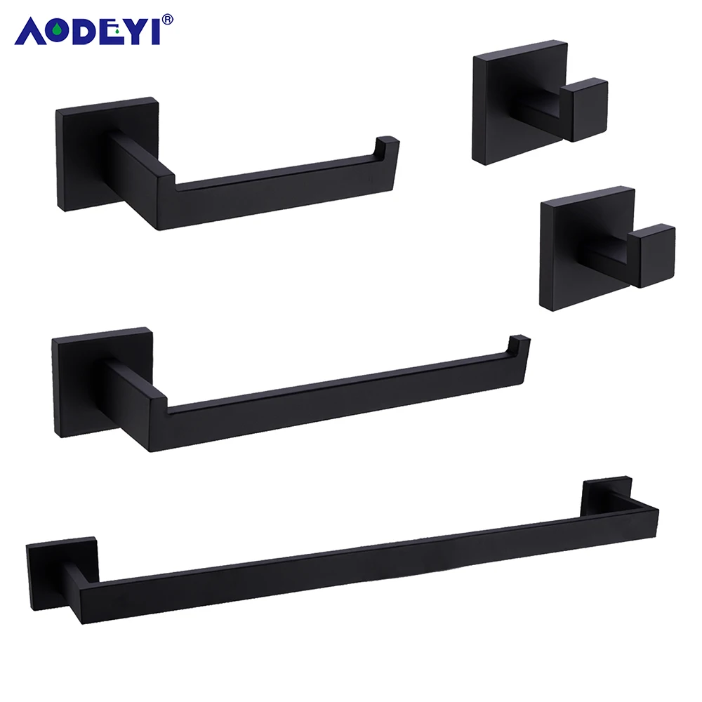 

Bathroom Hardware Set Accessories Stainless Steel Black Shelf Robe Hook Hanger Long Towel Rail Bar Rack Tissue Paper Holder