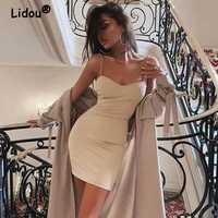 hipster sexy slim summer lady v neck hip skirt 2022 new fashion chain sling solid color off shoulder sleeveless mini dress