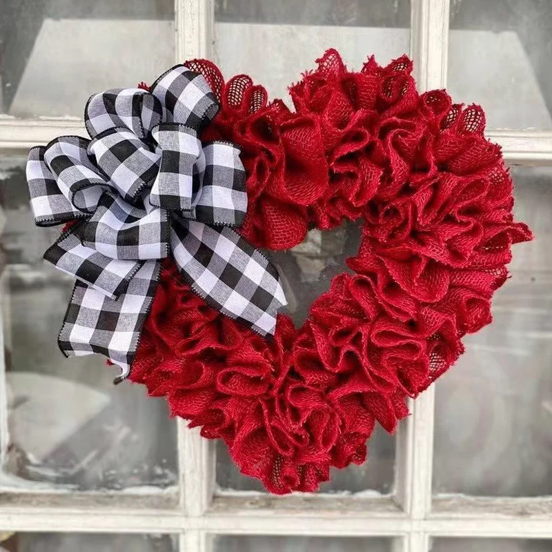 

Украшения для дома на День святого Валентина, настенный венок в форме сердца с клетчатым бантом, искусственная Передняя гирлянда, товары дл...