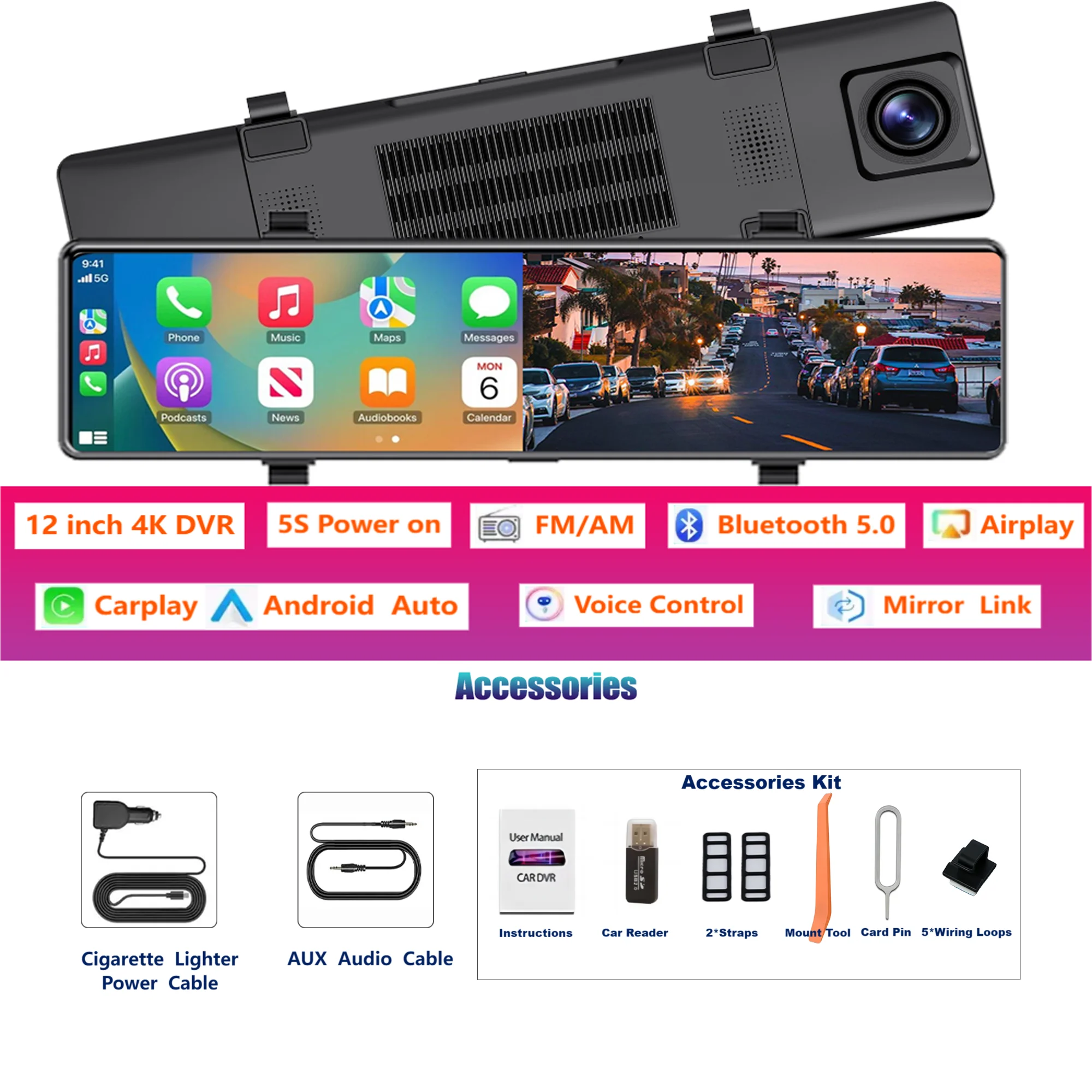 

Видеорегистратор автомобильный Aprilboy C37, 12 дюймов, 4K, Wi-Fi, Bluetooth, сенсорный экран видеорегистратор видеорегистратор автомобильный