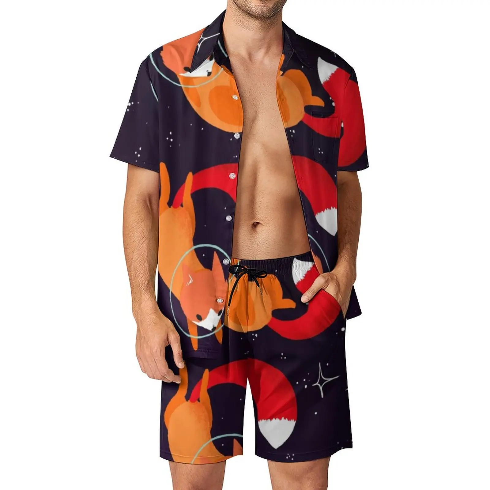 

Space Fox Men Sets Animal Casual Shorts Summer Fashion Vacation Shirt Set Short Sleeves Pattern Big Size Suit Gift Idea