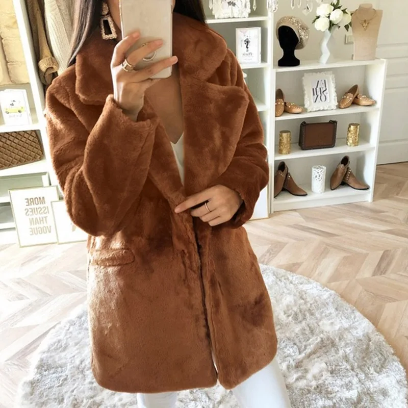 2021 Autumn and Winter Lapel Thick Woolen Coat Women's Mid-length Solid Color Loose Long-sleeved Plush Coat Imitation Fur Coat