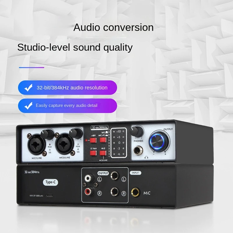 Audio Interface Sound Card Metal 2 In Out USB Computer Driver-Free Live Recording Karaoke Mixer