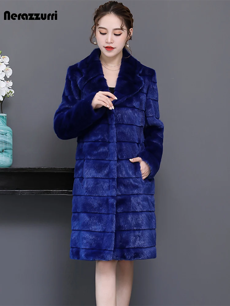 

Nerazzurri Long warm soft faux fur coat women lapel Winter striped Sapphire blue furry fluffy fake mink fur jackets for women