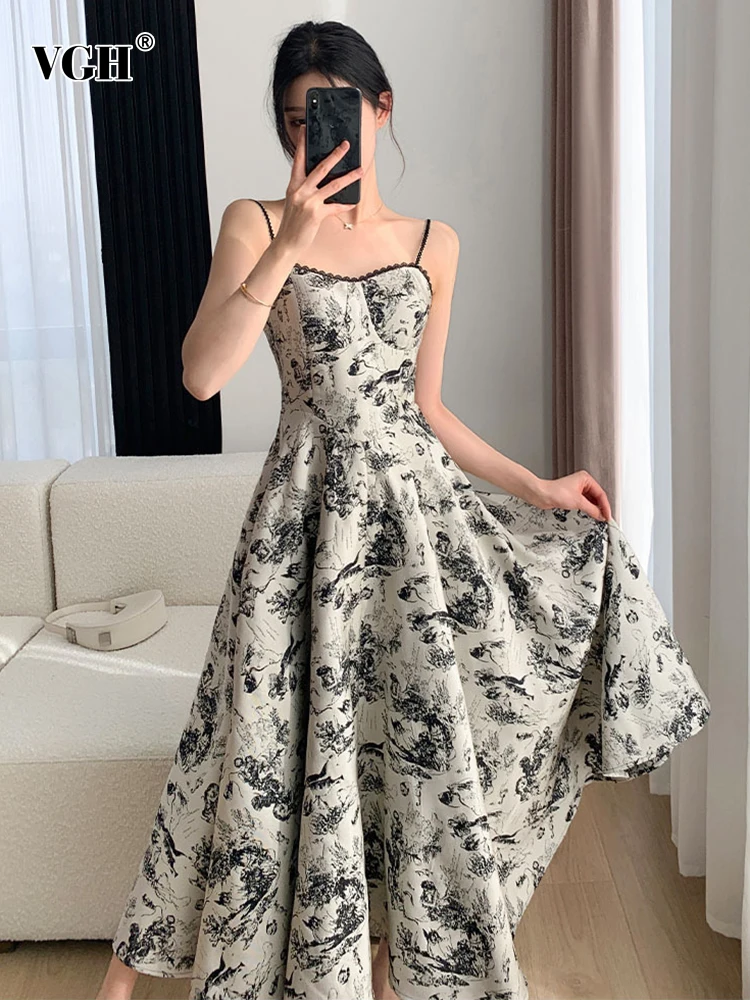 

VGH Vintage A Line Folds Dresses For Women Square Collar Sleeveless High Waist Hit Color Printing Dress Female Summer Clothing