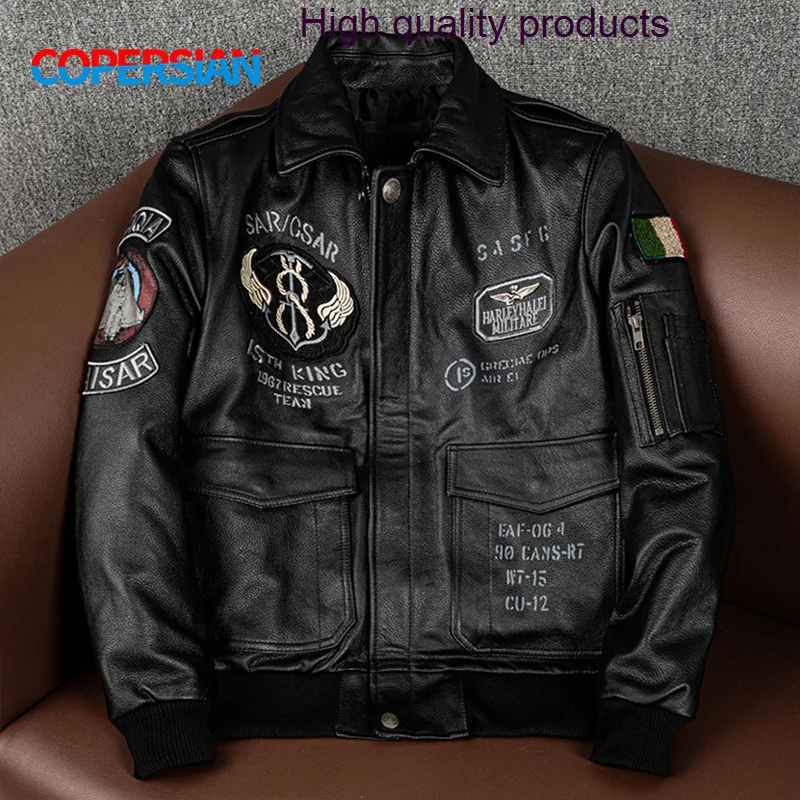 

Men’s 2023New Flying Suit Genuine Coat Cowhide Leather Indian Embroidery Motorcycle Jackets