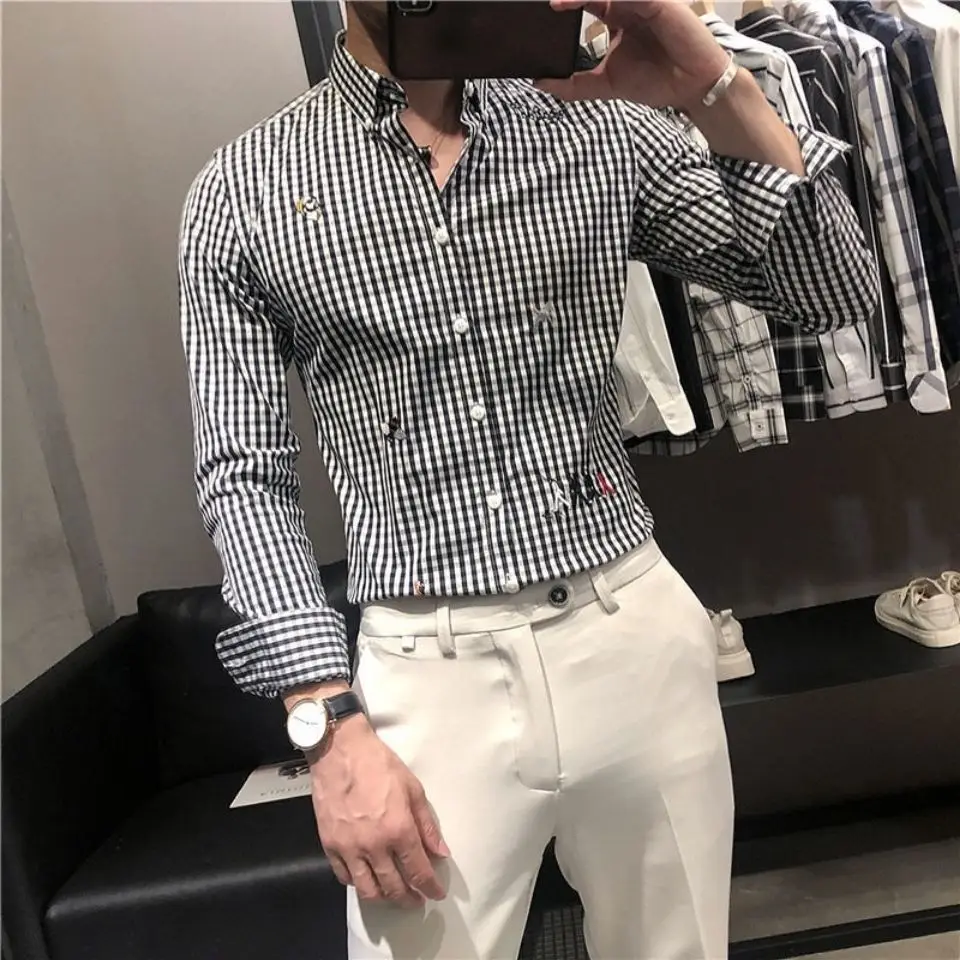 Men's autumn long sleeve embroidered plaid shirt fashion brand Korean cardigan shirt slim handsome fashion top