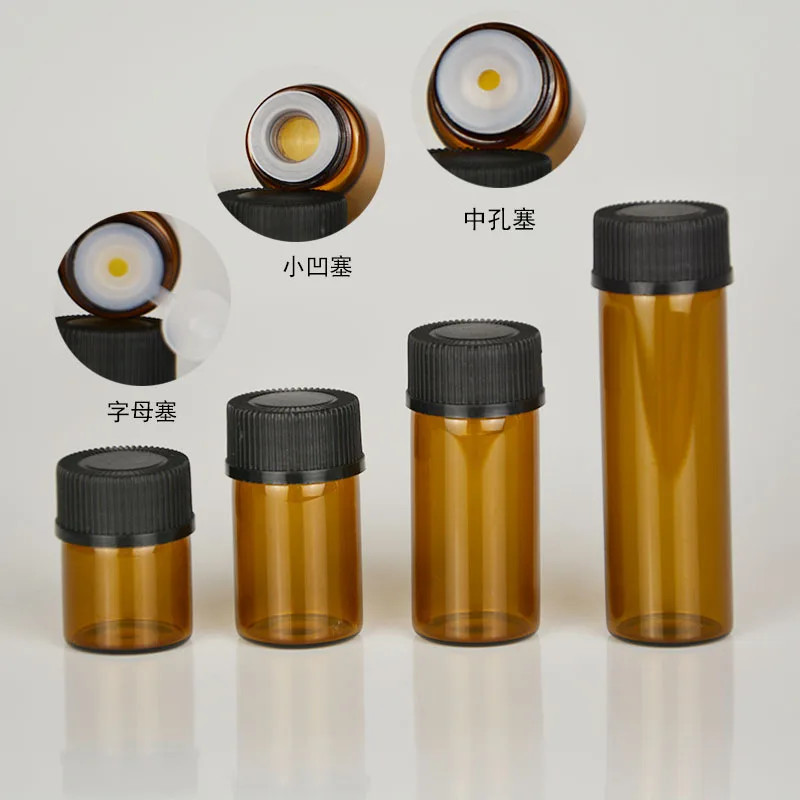 

1000pcs/lot 1ml 2ml 3ml 5ml Amber Glass Bottle With Plastic Lid Insert Brown Test Sample Glass Vials For Perfume Essential Oil