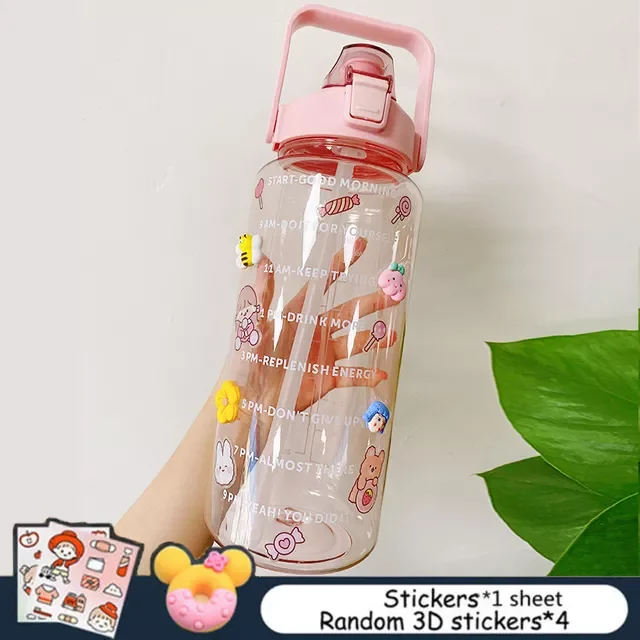 

2L Large Capacity Water Bottle With Bounce Cover Time Scale Reminder Frosted Cup With Cute Stickers For Outdoor Sports Fitness
