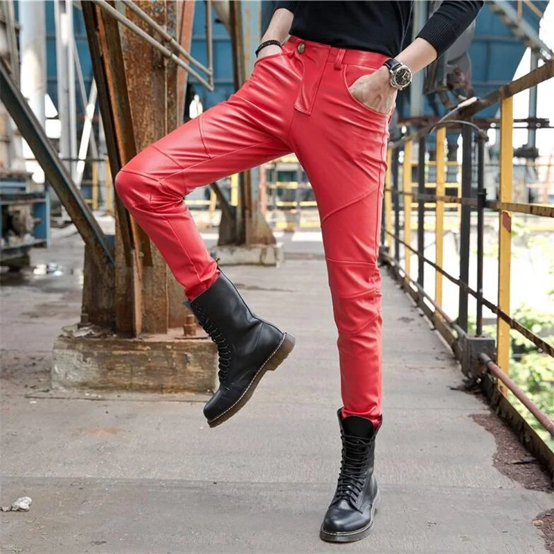 Red leather pants mens feet pants fashion motorcycle pu trousers for men personality Plus velvet thick elastic pantalon homme