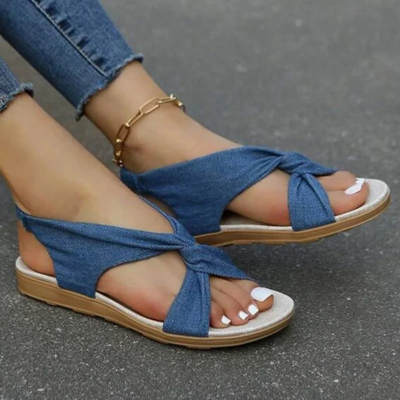 Fashion Blue Sandals Women Twist Decor Denim Slingback Sandals Women Slides Flat Heel Outdoor Beach Summer Woman Slippers