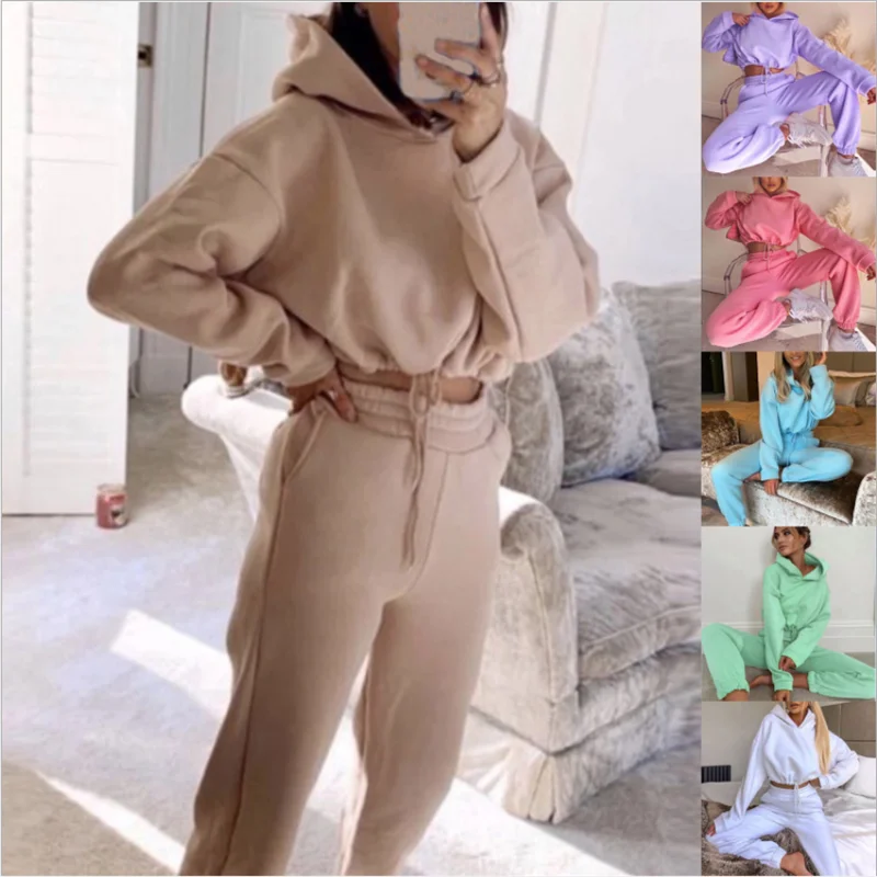 

Solid Hoodies 2 Two Piece Set Women Tracksuit Bandage Crop Top+Sweatpants Pants Sets Casual Joggers Sport Outfits Sweatsuit