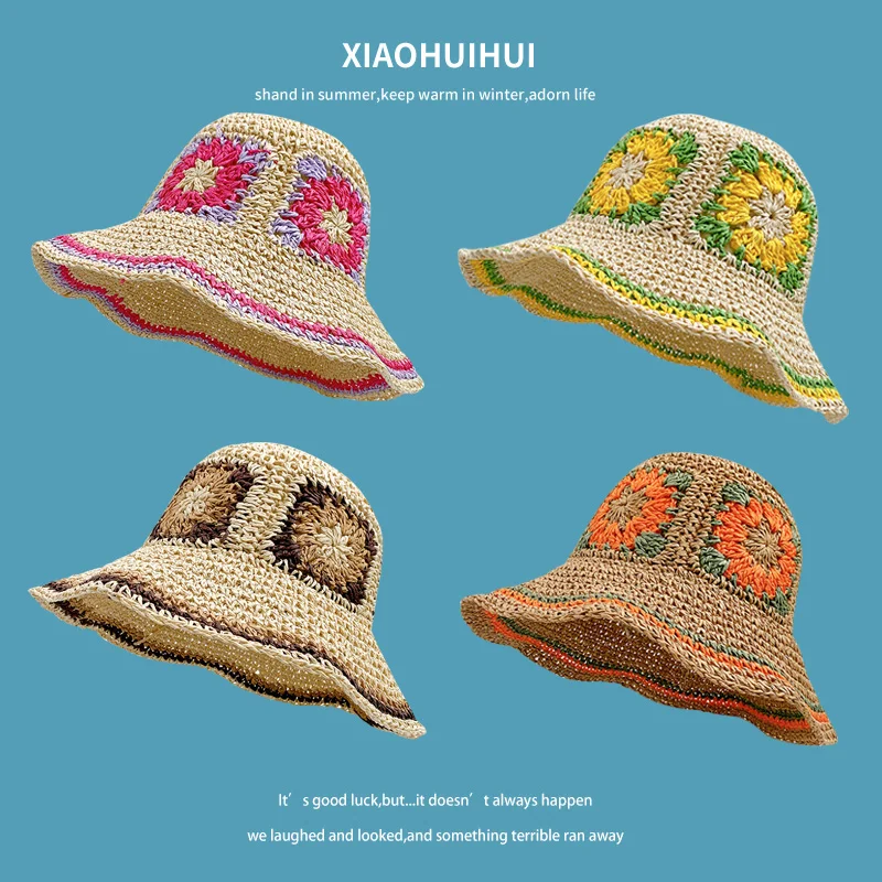 

Korean Ins Handmade Straw Bucket Hats for Women Summer Hollow Jacquard Foldable Sun Hat Big Eaves Seaside Vacation Beach Caps