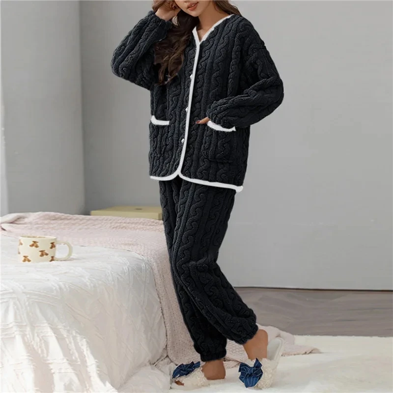 

Зимние теплые фланелевые женские пижамные комплекты, толстые бархатные пижамы с длинным рукавом кораллового цвета, одежда для сна для отдыха для женщин, ночное белье