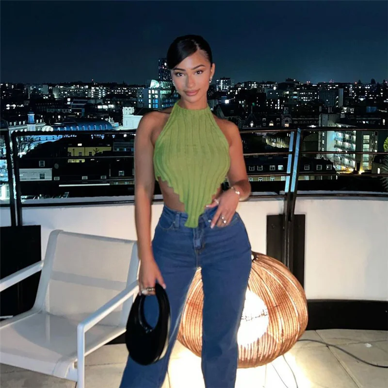 

Solid Color Irregular Hem Tops Women Backless Halter Knit Vest Y2k Top Ribbed Knitted Summer Clothes For Women