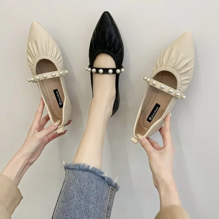 

Ladies New Style Pointed Toe Flat Shoes 2022 Leather Sneakers One Pedal Oxford Shoes Loafers Flat Pleated Pearl Flat Shoes
