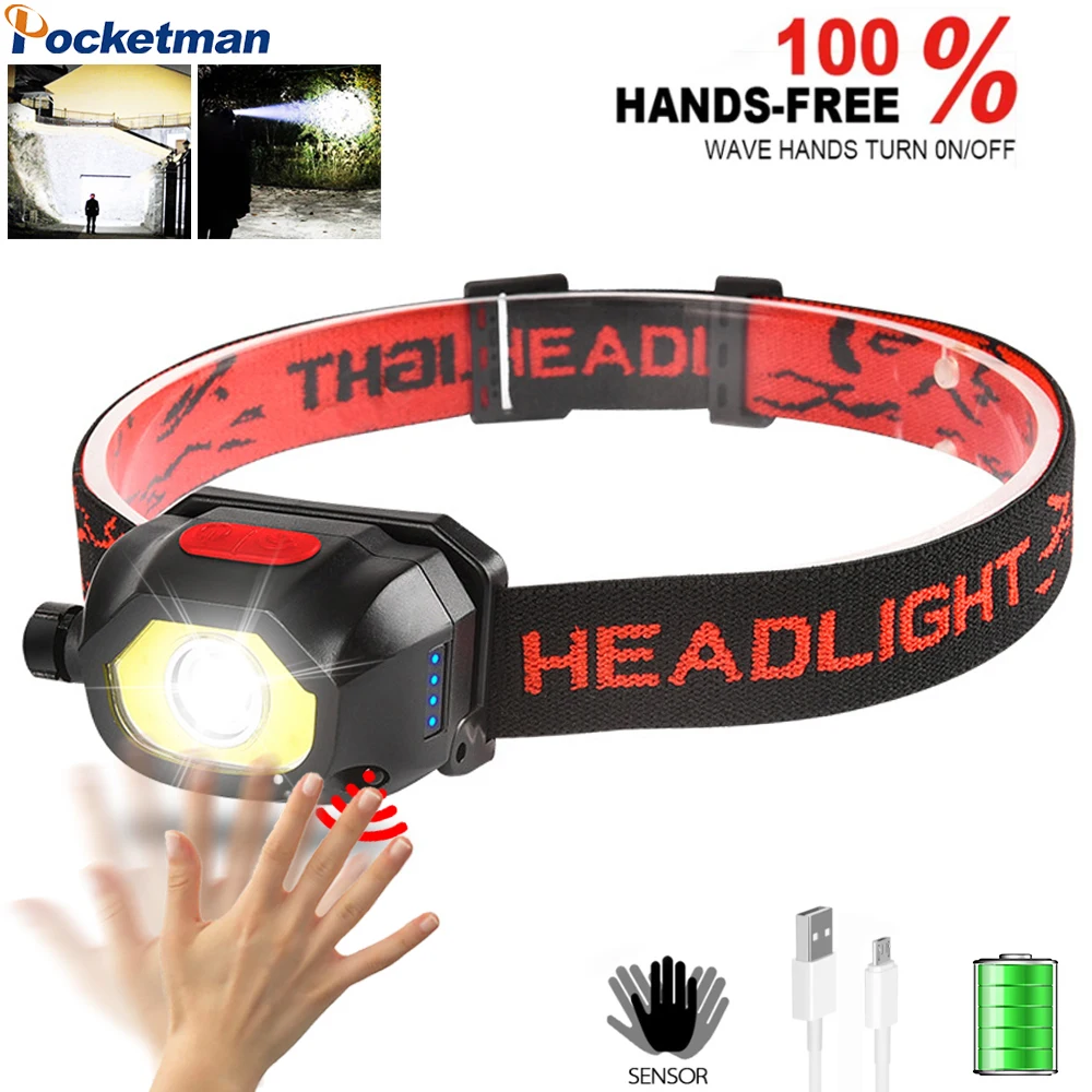 

Super Bright XPG+COB Headlamp Built-in Battery Electric Display Seven-speed Zoom Sensor Dual-switch Work Headlight USB Cable