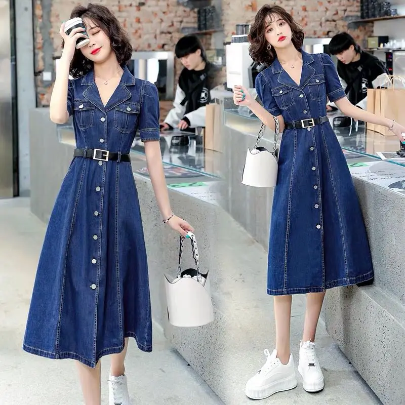 

2022 Women's Denim Dress Fashion Solid Short Sleeve Summer Hot Fashion High Waist New Korean A-LINE Female Long Clothing
