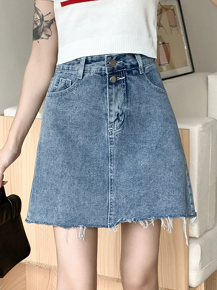 New Summer Women Streetwear High Waist Frayed Raw Hem Short Denim Skirt Vintage Female Loose Blue Jeans Skirts Bottoms