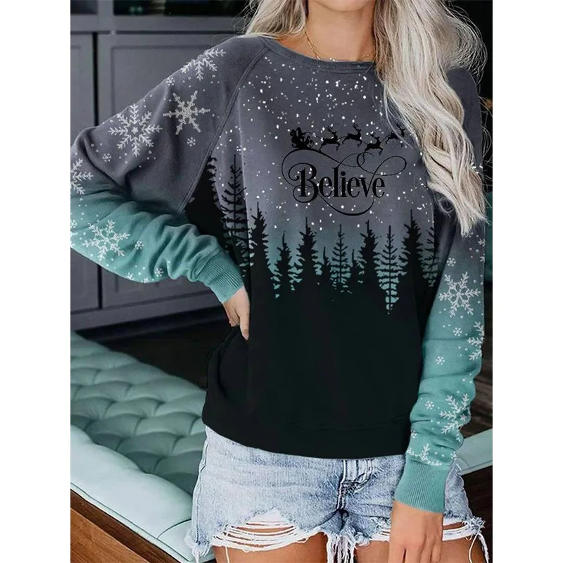 Autumn New Christmas Printed Bat Sleeve Women's Sweater Fashion Casual Commuter Tops All-match Long Sleeves Lady Shirts