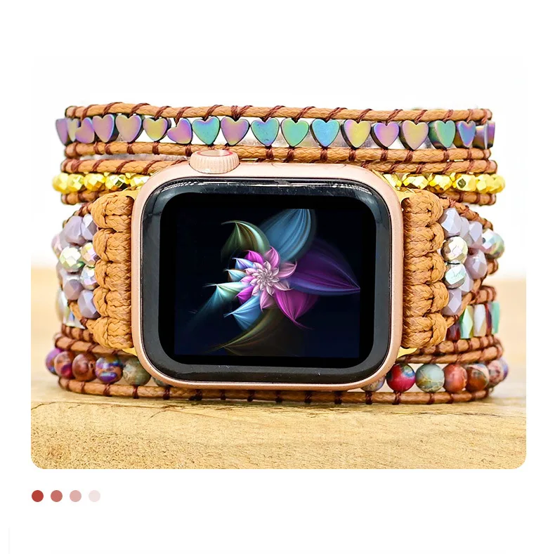 Boho Love Black Gallstone Emperor Natural Stone Strap for Apple Watch Bands 38 41 45mm 3X Wrap Vegan Rope Watch Strap Wristband