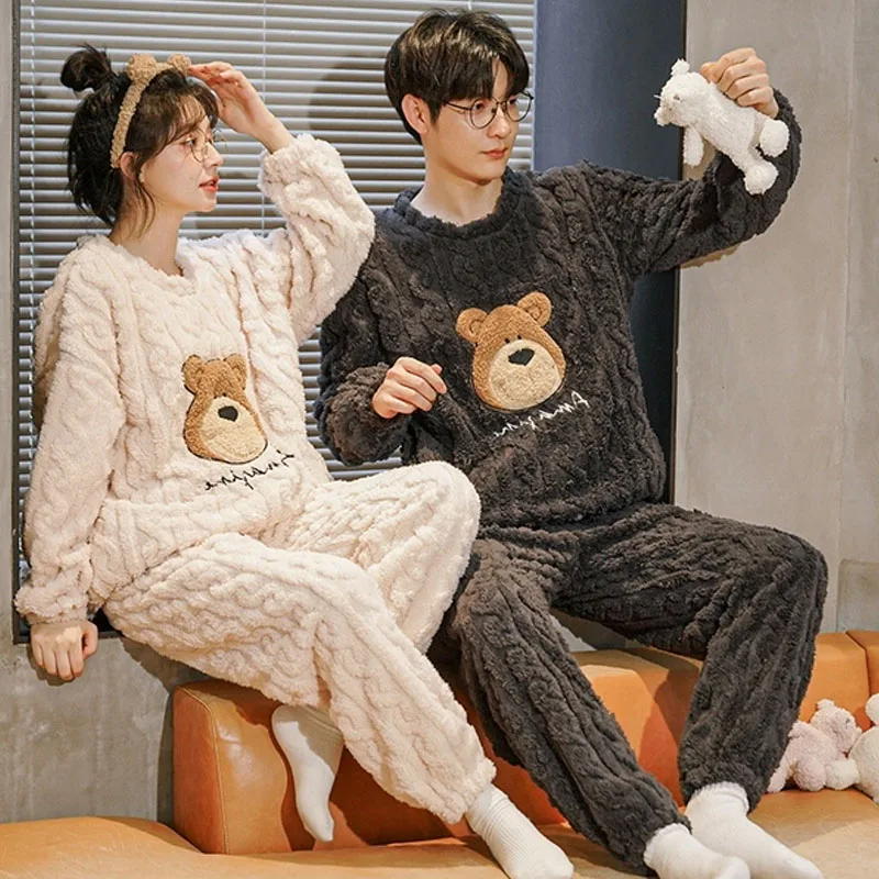 QUHENG Flannel Pajamas for Women Suit Winter Long Sleeved Thick Couple Sleepwear Two-piece Set Cute Soft Men Home Wear Clothes