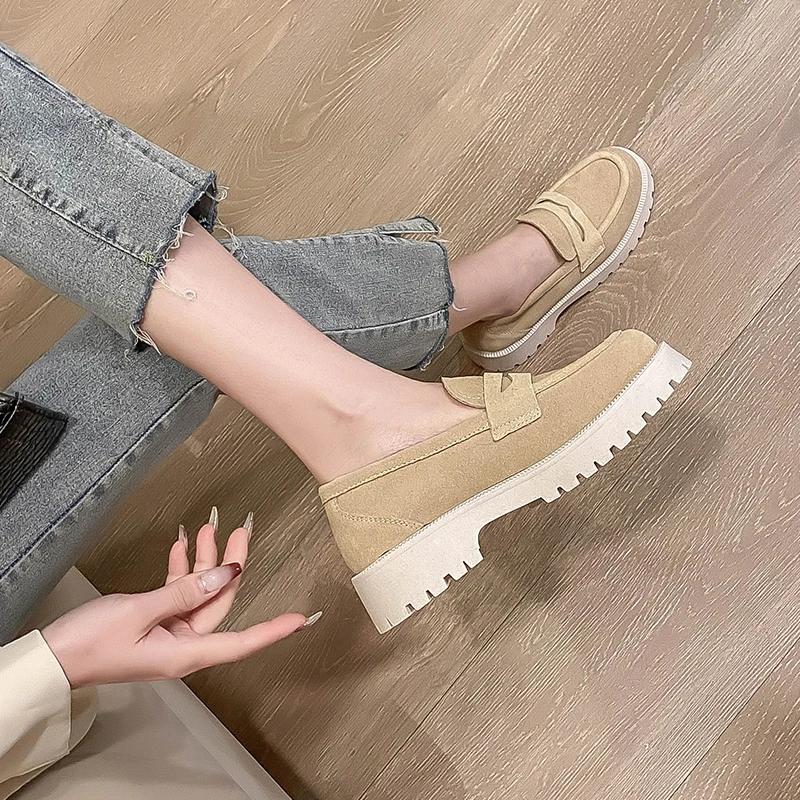 Spring And Autumn Loafers Women 2023 New Comfortable Casual Cowhide British Style Women's Shoes Thick Heel Thick Sole Retro