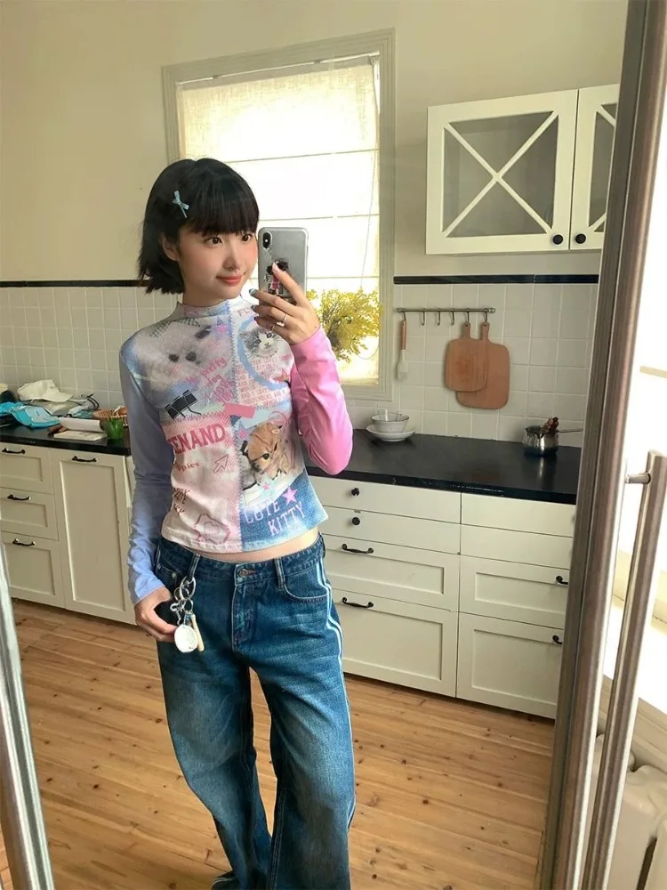 Kimutomo Y2k футболки женские винтажные с рисунком кота милые сексуальные базовые