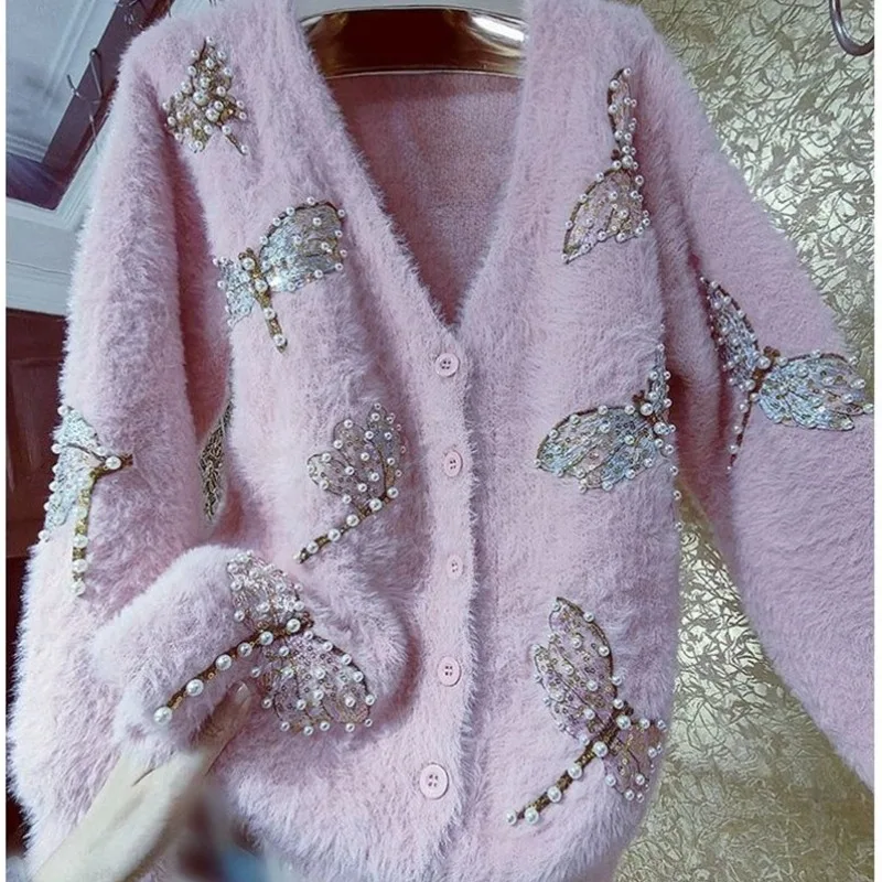 

Autumn Winter Pink Mink Cashmere Knitted Cardigan Sweater Women Chic Loose Pearl Beading Sequin Butterfly Mohair Sweaters Jacket