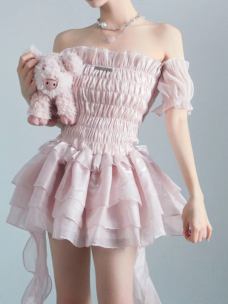 

Розовое милое летнее Пышное Платье, новинка 2023, французская Нежная Милая юбка с коротким рукавом, милое шикарное женское платье
