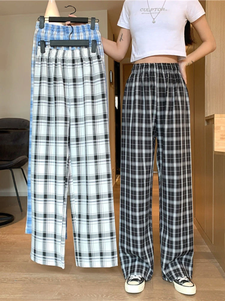 

New Vintage Plaid Women Pants High Waist Wide Leg Straight Pant Loose Casual Female Trousers Wide Leg Pant Fashion Streetwear