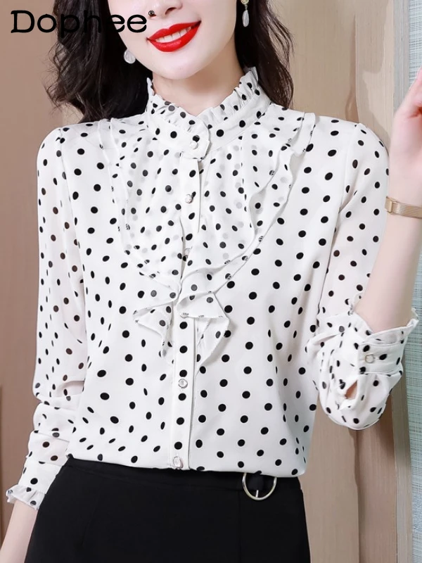 

Stand Collar Polka Dot Long Sleeve Chiffon Shirt for Women Fall 2023 New Design Ruffled Elegant Top Ladies All-Match Blusas