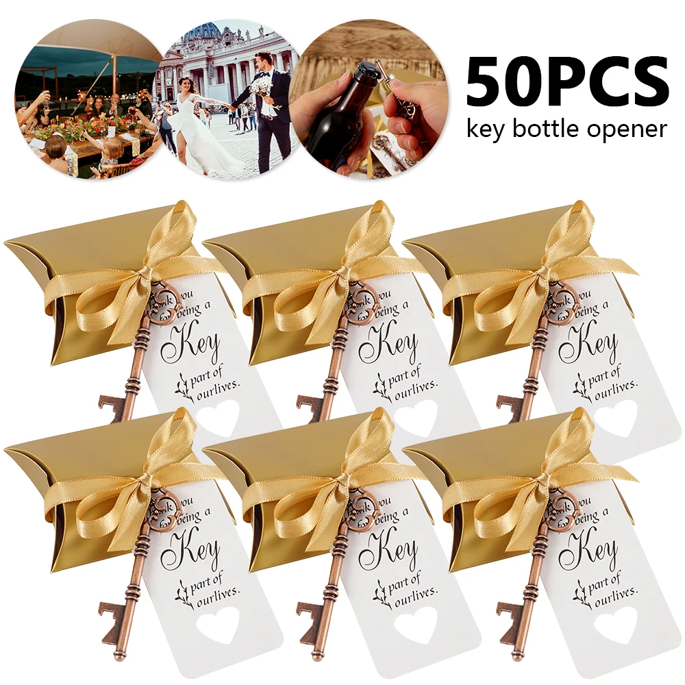 

50 Pieces Vintage Key Bottle Opener for Wedding Gift Guest Souvenir with Cushion Boxes Silk Ribbon and Label Skeleton Key Bottle