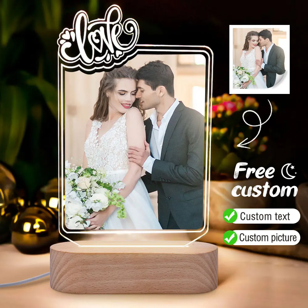 Personalized Photo Frame Acrylic Carving Custom Wooden Picture Frame Decoration With USB Light Mother's Day Valentines Gift