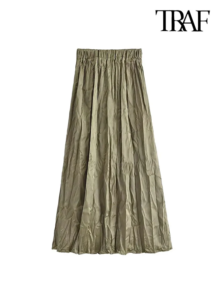 

TRAF Women Fashion Pleated Satin Midi Skirt Vintage High Waist With Elastic Waistband Female Skirts Mujer