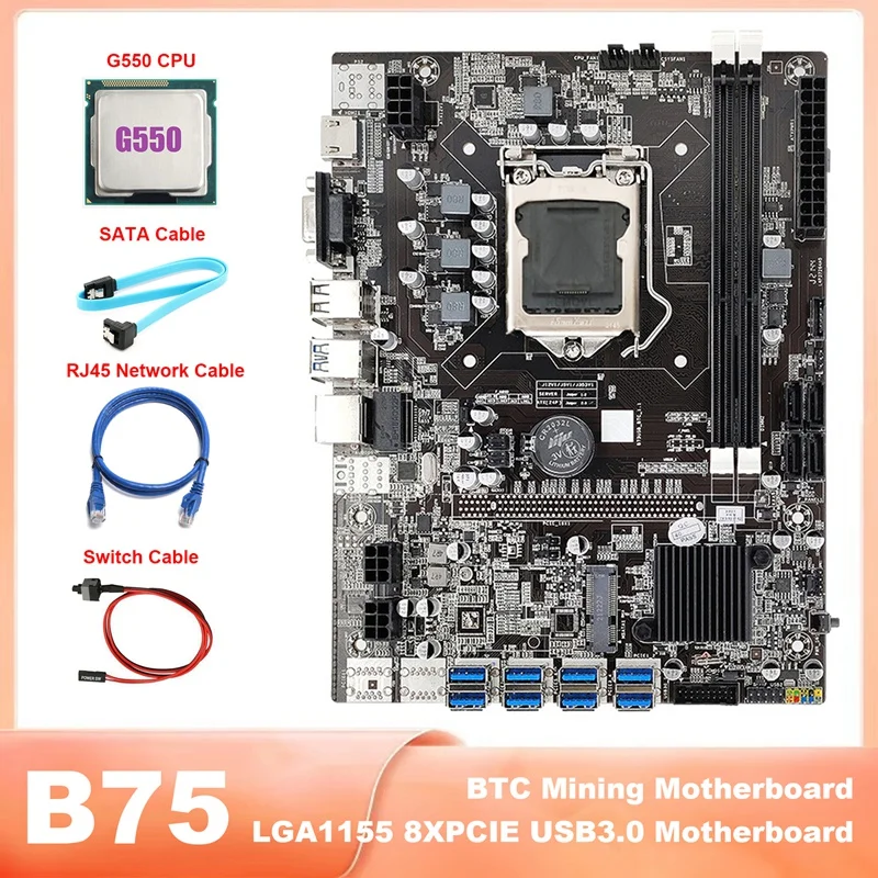 1Set LGA1155 8XPCIE Motherboard With G550 CPU+SATA Cable+Switch Cable+RJ45 Network Cable