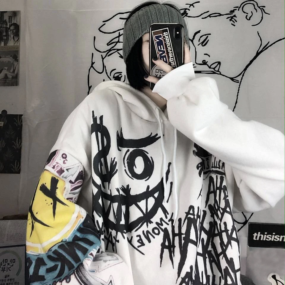 

Hoodies Women Gothic Cartoon Hip Hop Japanese Funny Punk Oversize Hooded Sweatshirts Autumn Long Sleeve Female Hoodie Tops