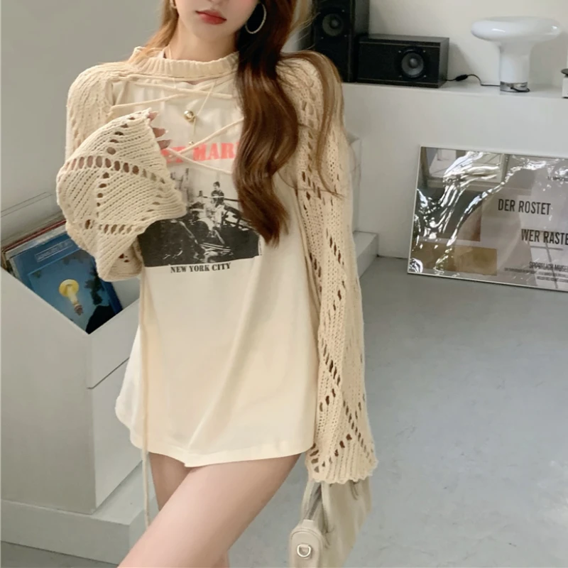 

Hollow Knitted Sweater Women's Design Sense Pullover 2 pieces Summer Thin Sweater Niche Short Section Loose Shawl Tops