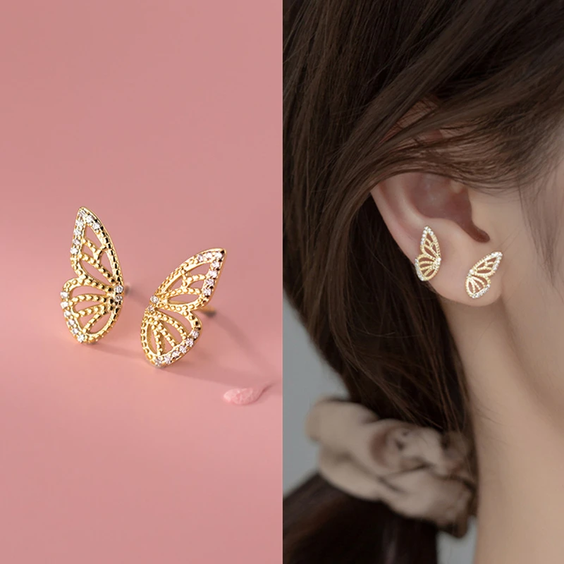 

925 Sterling Silver Hollow Butterfly Half Wing Stud Earrings For Women Vintage Exquisite Cubic Zirconia Charm Trendy Jewelry
