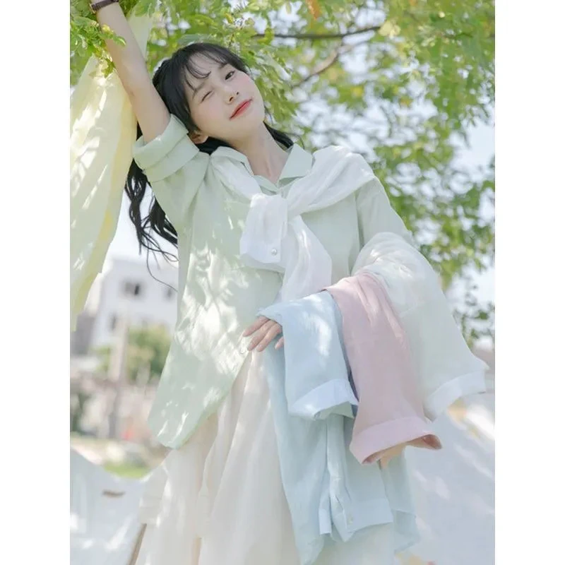 Женская шифоновая рубашка Корейская свободная Солнцезащитная футболка из