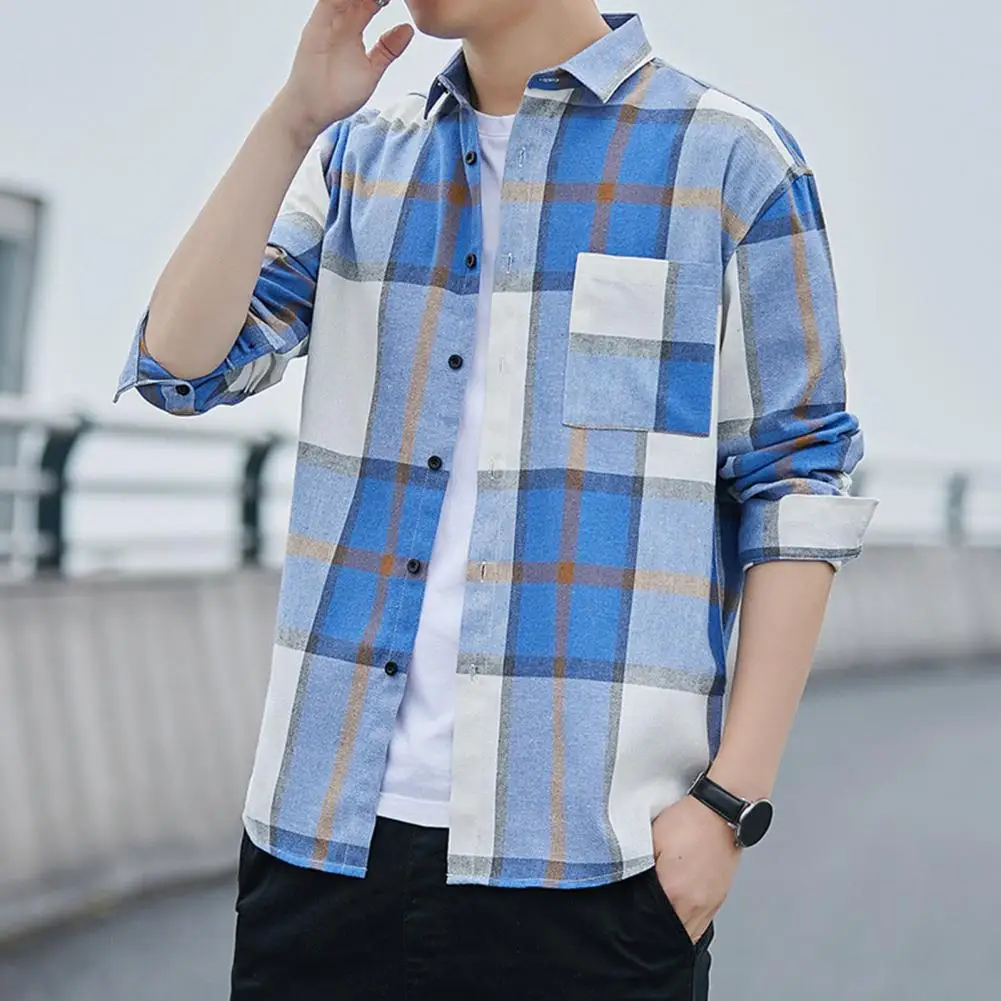 

Fashion Men T-Shirt Button Closure Turn-down Collar Blouse Breathable Casual Wear Full-sleeve Plaid Shirt for Teens Office