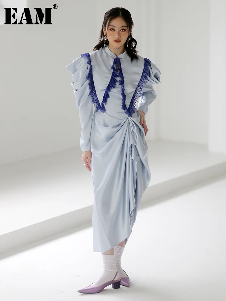 

[EAM] Women Blue Lace Pleated Slit Elegant Long Dress New Lapel Long Sleeve Loose Fit Fashion Tide Spring Autumn 2022 1DF0744